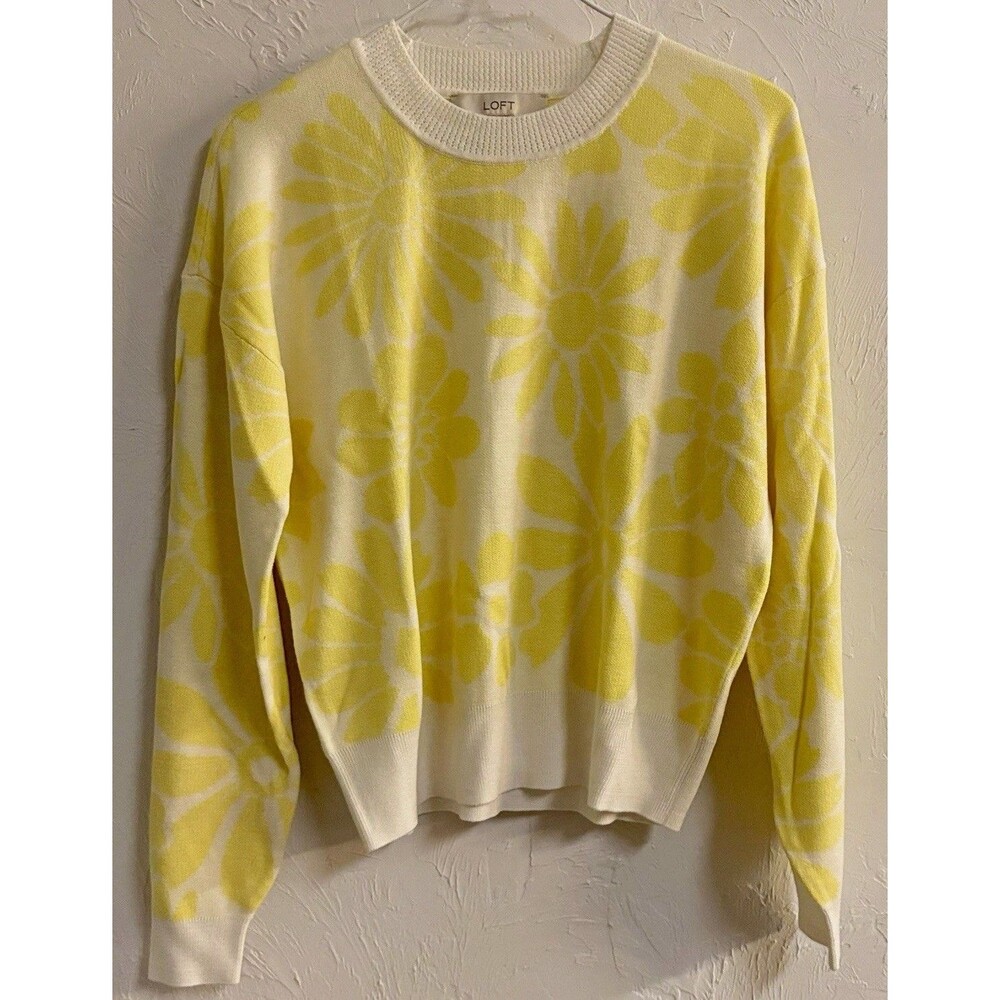 LOFT Womens M White Yellow Floral Knit Crew Neck Long Sleeve Pullover Sweater